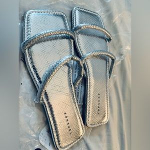 Topshop Sandals Metallic Silver Two Strap Slides Size 9.5us